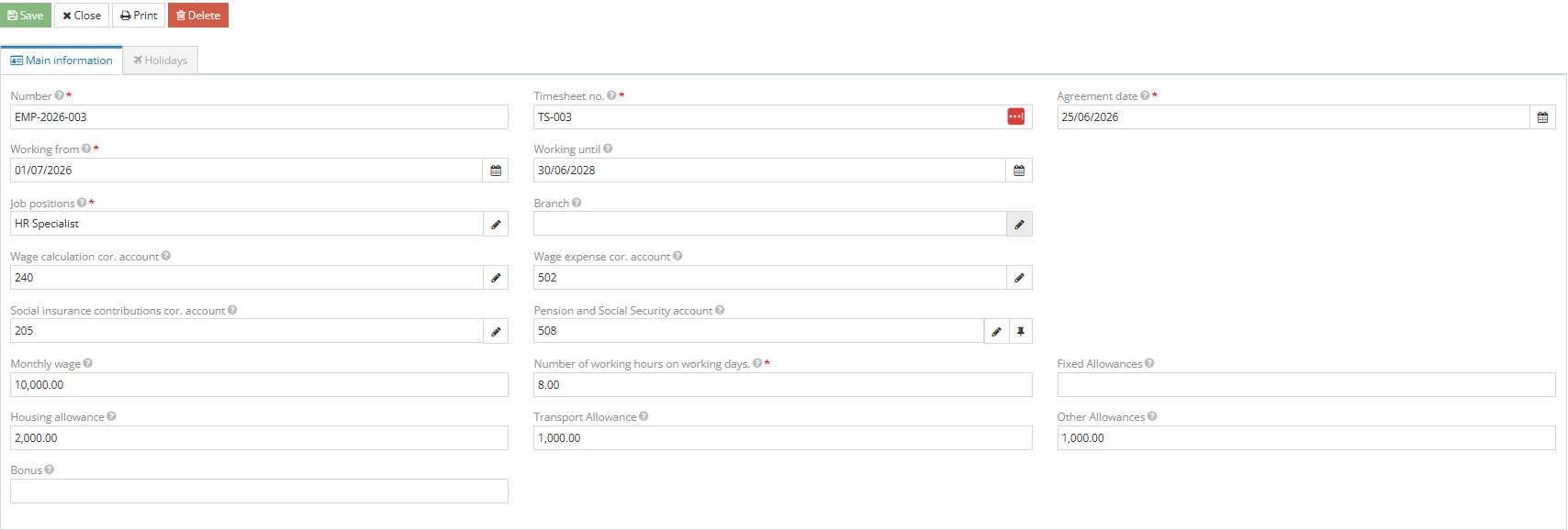 Filling employment contract data